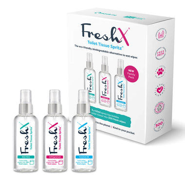 FreshX Toilet Tissue Spritz family pack box and three bottles